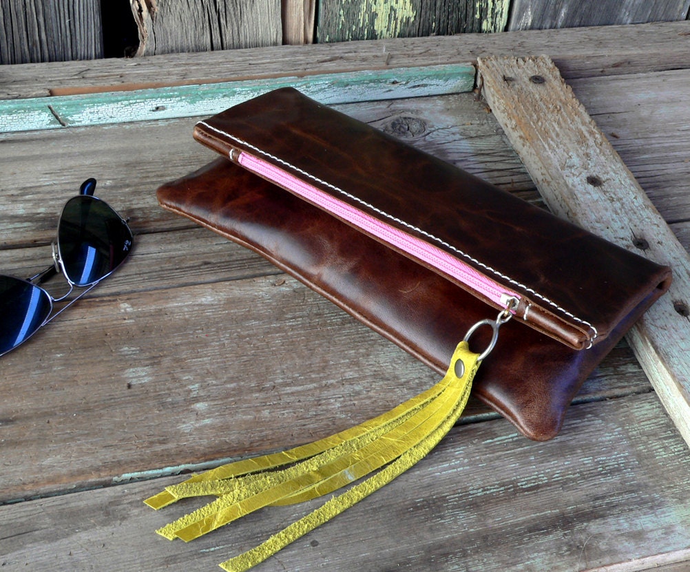 Leather clutch / fold over clutch purse  Rustic Brown  handmade for her