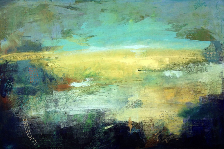 The Pier, Abstract acrylic painting, original affordable artwork, 20x36 inches on stretched canvas