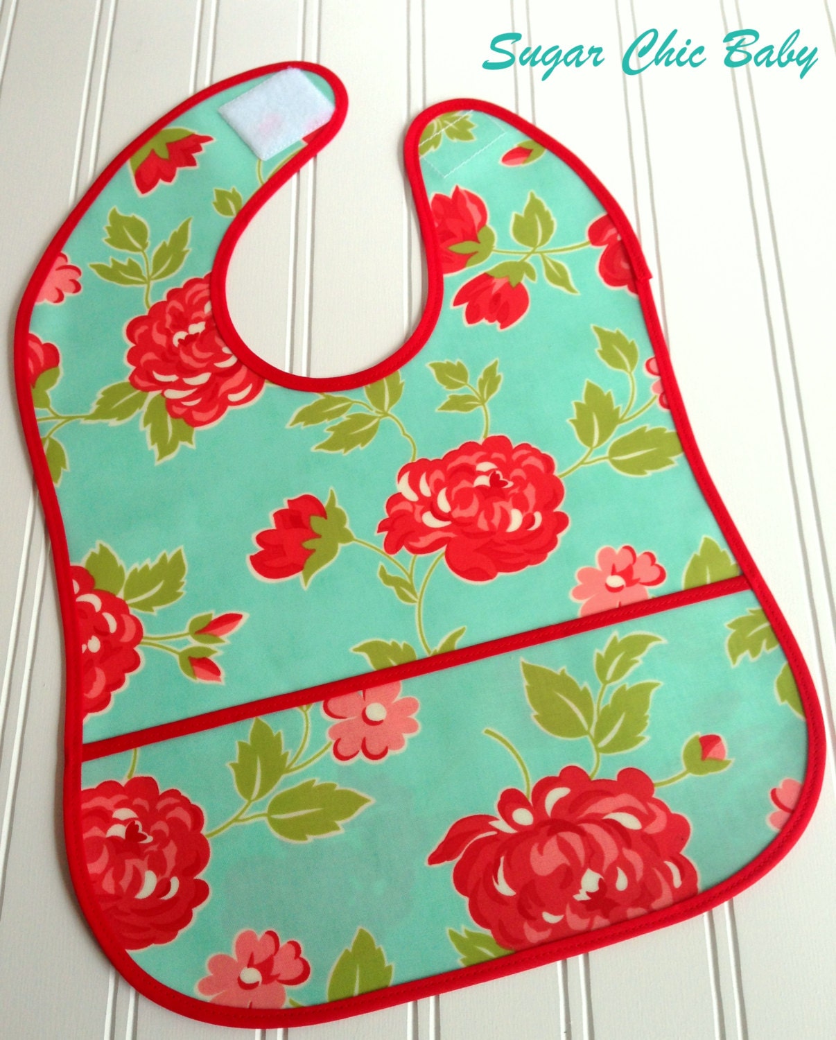 SALE....Waterproof Toddler Baby Bib .... LAMINATED COTTON ....Marmalade Floral in Retro Blue and Red