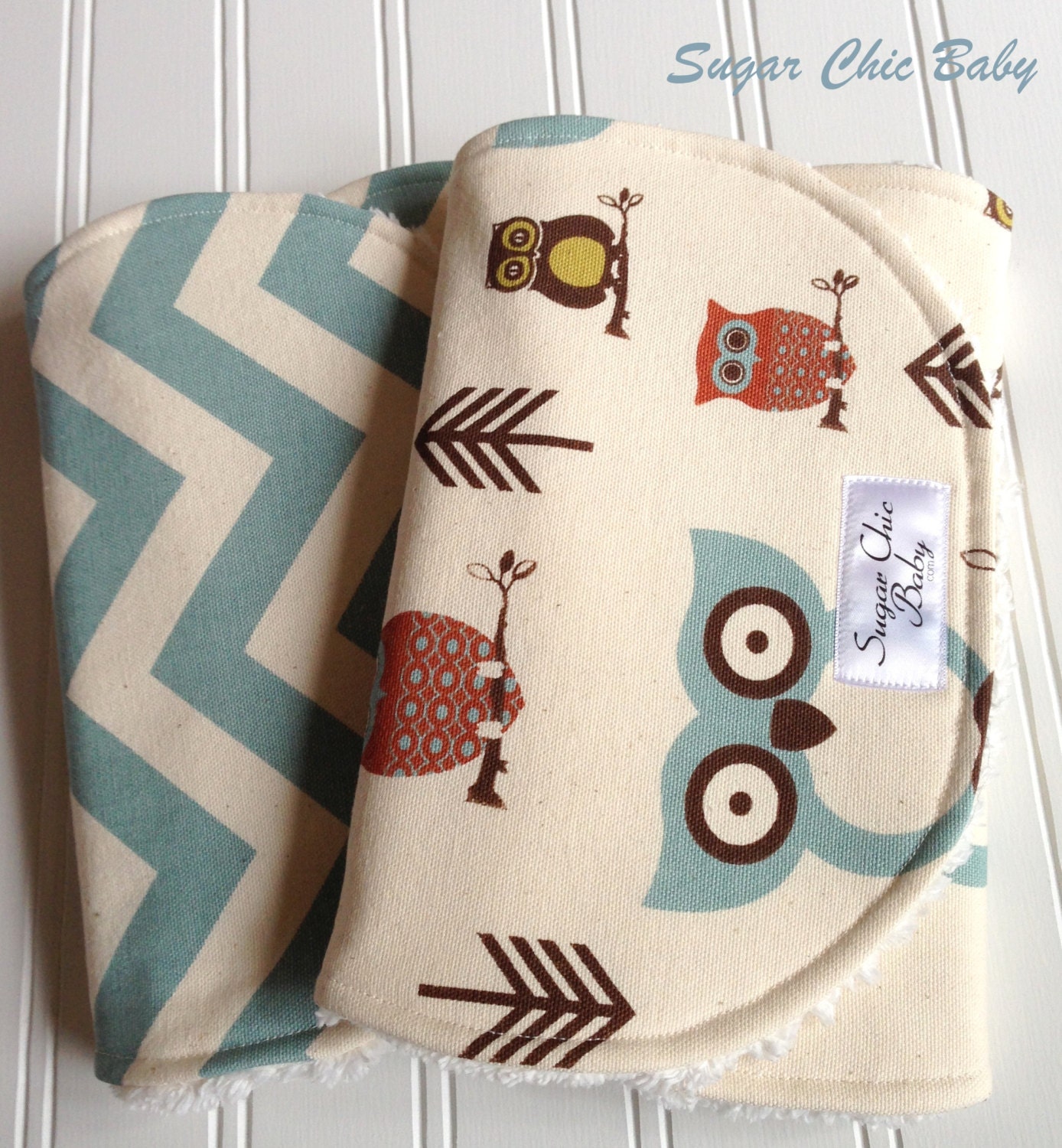 Baby Boy Burp Cloths  -  Triple Layer Chenille -  Set of 2  - Owls and Village Blue Chevron