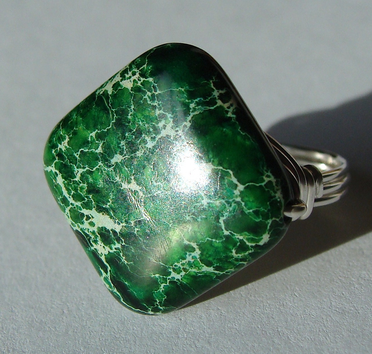 Green Terra Sediment Jasper Square Gemstone Ring Wire Wrapped in Sterling Silver Ring Cocktail Ring Statement Ring