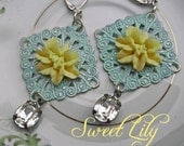 Patina Filigree Crystal Flower Earrings, Aqua, Silver, Buttercream, Vintage, Bohemian, Shabby Chic earrings - April Birthstone - Sweet Lily