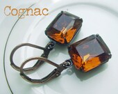Smokey Topaz Estate Style Earrings, Foil Rectangle rhinestone crystal earrings, vintage inspired, romantic bohemian - Cognac