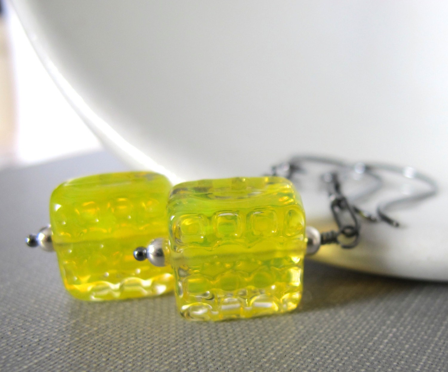 Silver Earrings, Lemon Yellow Glass, Glass Earrings, Beaded Earrings, Waffle Glass, Silver Jewelry, Glass Jewelry, Sunshine Yellow