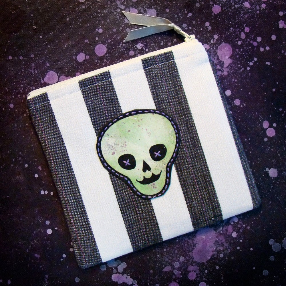 Zipper Pouch - Hand Painted Skull Patch on Striped Fabric -Green