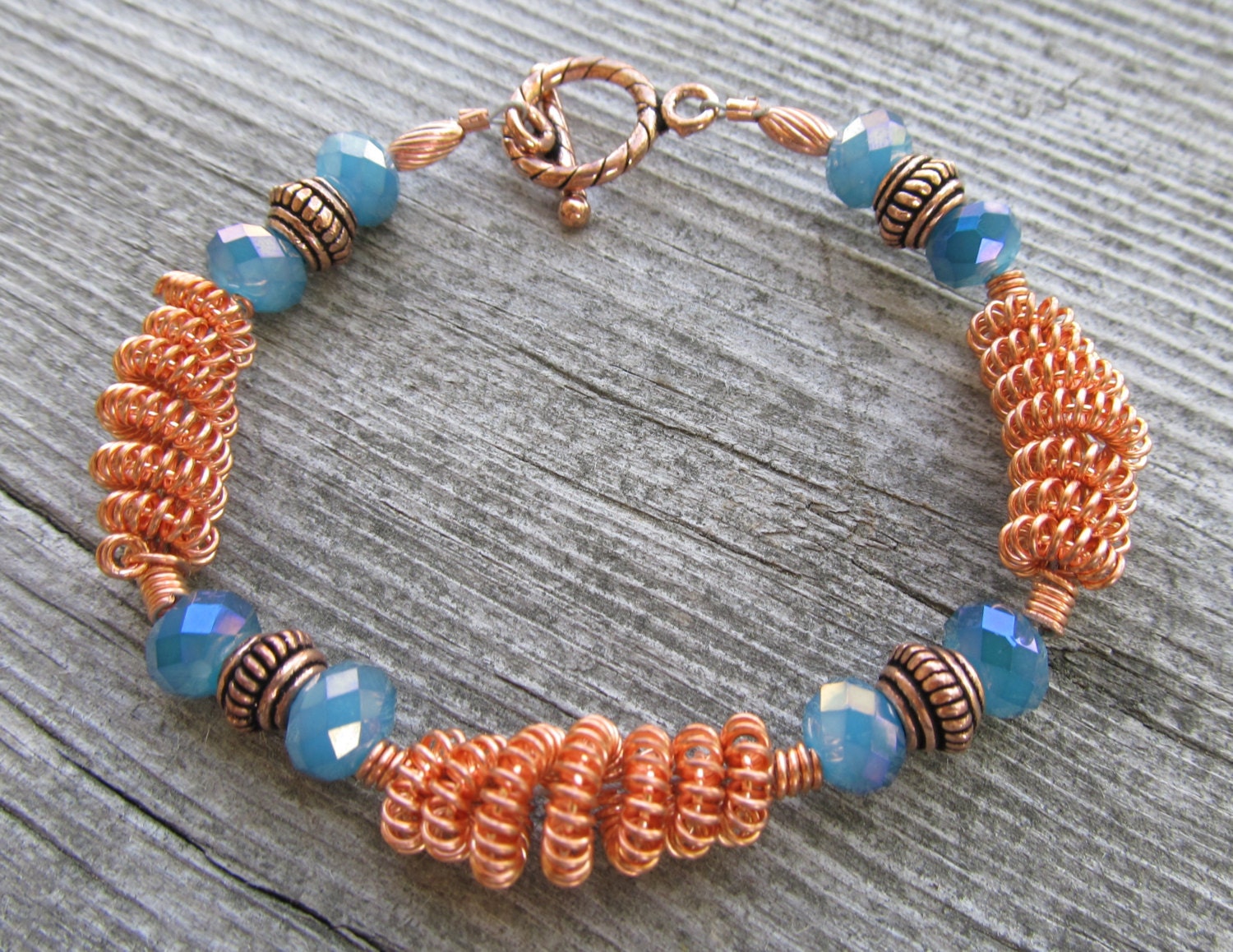 Copper Blue Crystal and  Wire Coil Bracelet