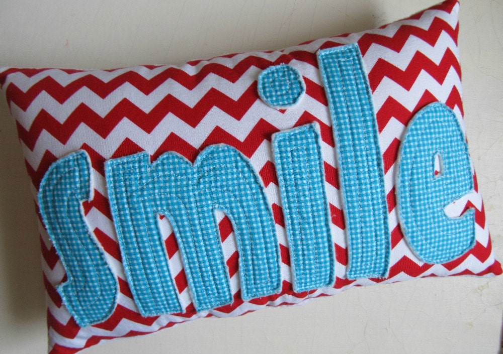 SMILE Pillow in Red Chevron and Turquiose Gingham handmade
