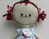 Raggedy Ann handmade cloth rag doll in Aqua, Red and White Flowers
