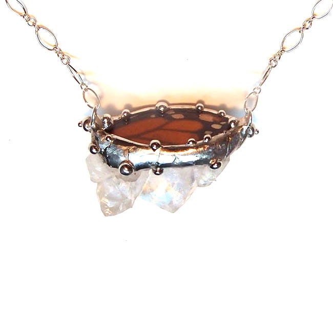 Quartz Crystal and Real Monarch Butterfly Necklace - Nature Art Jewelry