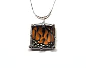 Quartz Crystal Pyramid and Real Monarch Butterfly Necklace - Nature Art Jewelry