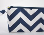 Large Wristlet  Zipper Pouch in Navy Blue Chevron
