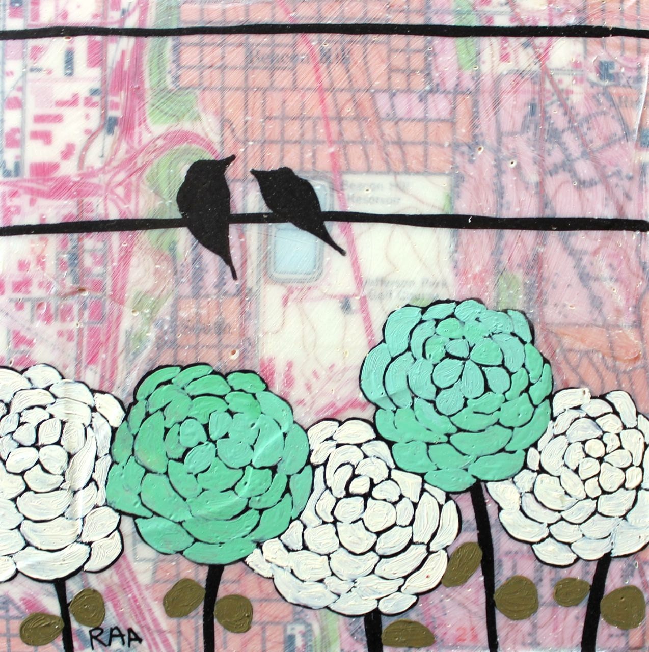Beacon Hill - Original Map Painting 5 x 5 - Birds and Dahlias Art