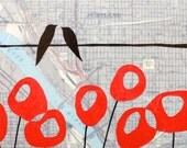 Portland - Original Map Painting 8" x 8" - Bird and Poppies Art