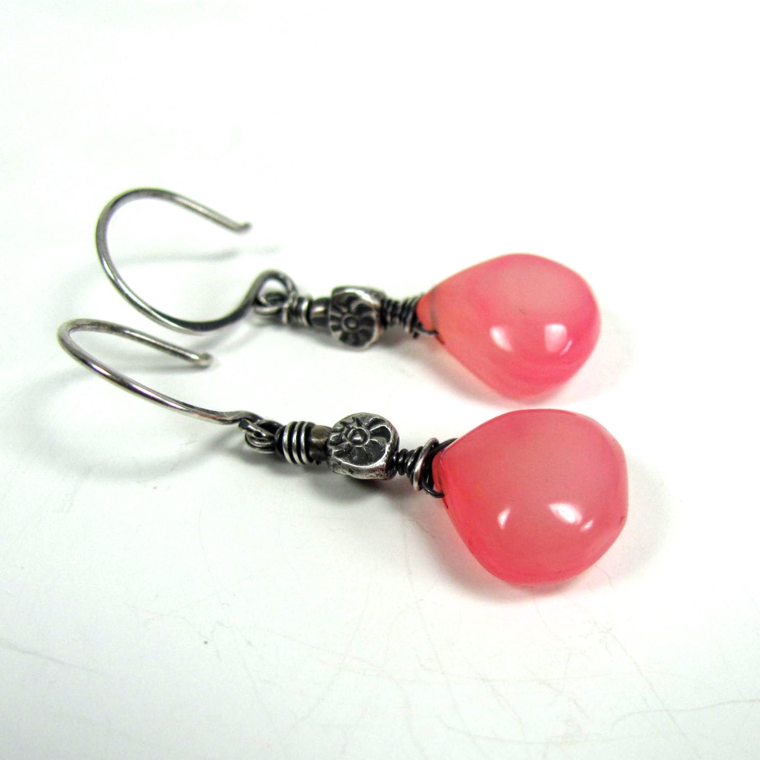 Pink Grapefruit Chalcedony, Hill Tribe, Sterling Silver Earrings