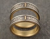 Wedding Band Set in Sterling Silver, 18k Gold - Sunflower Patterned Ring