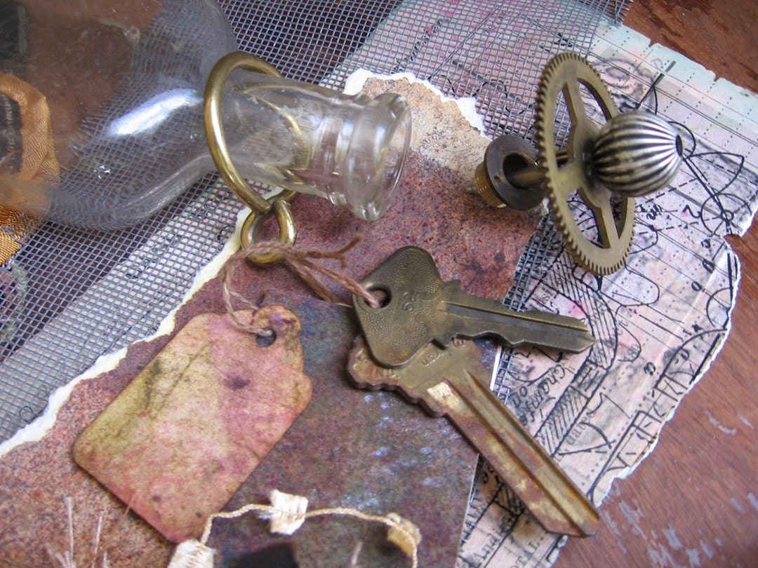Steampunk altered bottle supplies ARTfully packaged vintage bottle assemblage