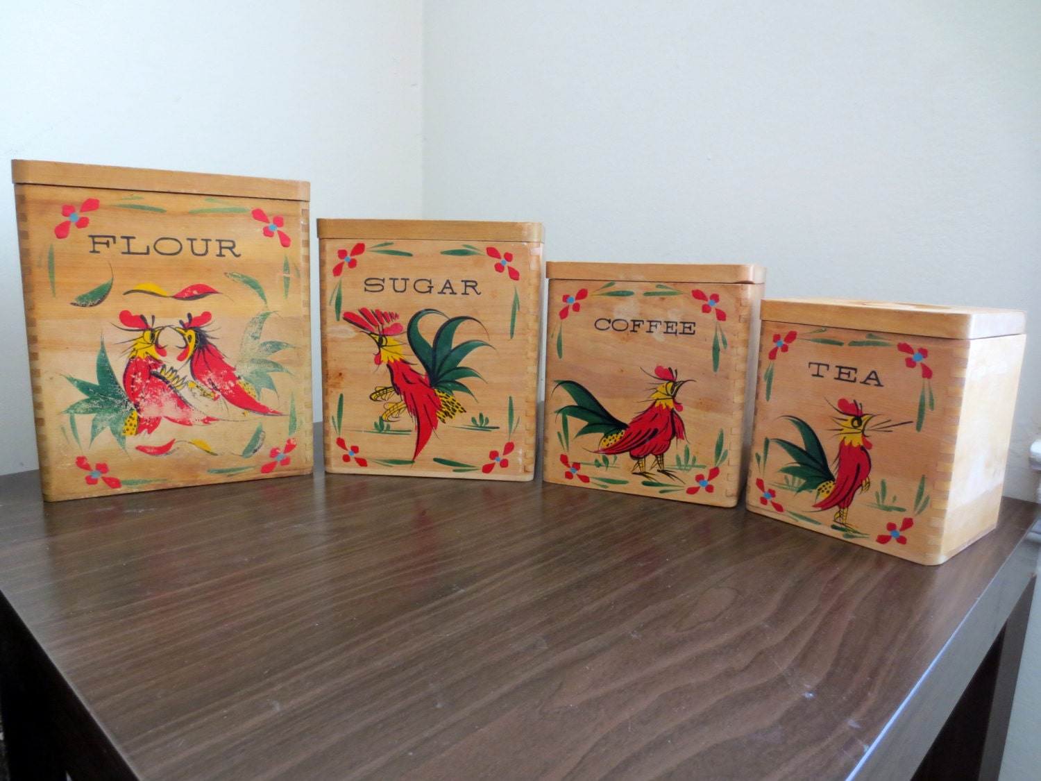 REDUCED Set of Four Wooden Rooster Kitchen Storage Canisters