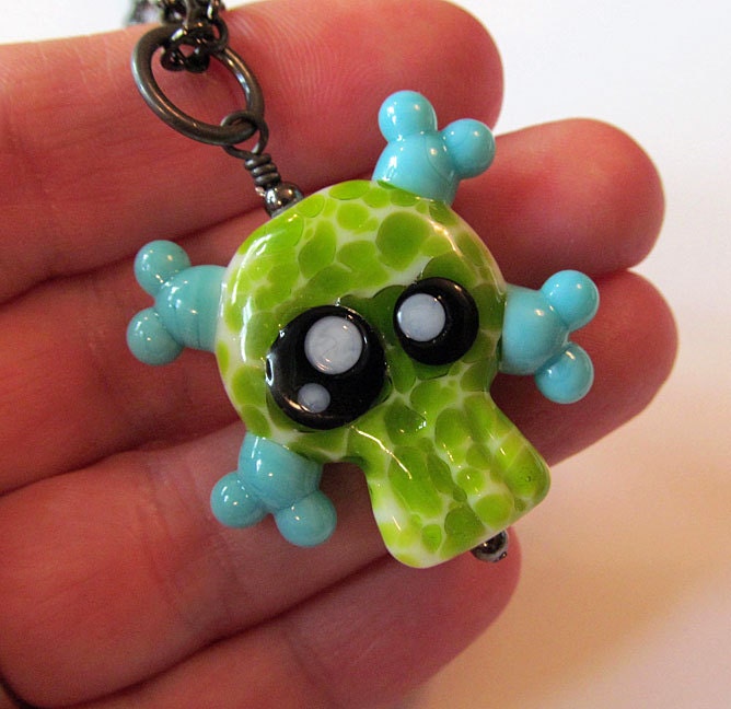 bright lime and aqua skully, LORiOLA lampwork glass skull and crossbones