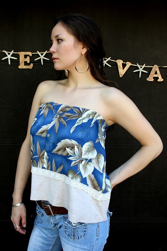 REVIVAL Upcycled Hawaiian Tube Top/Shirt, Small to Medium, Eco Friendly, Repurposed, Recycled Tshirt Surfer