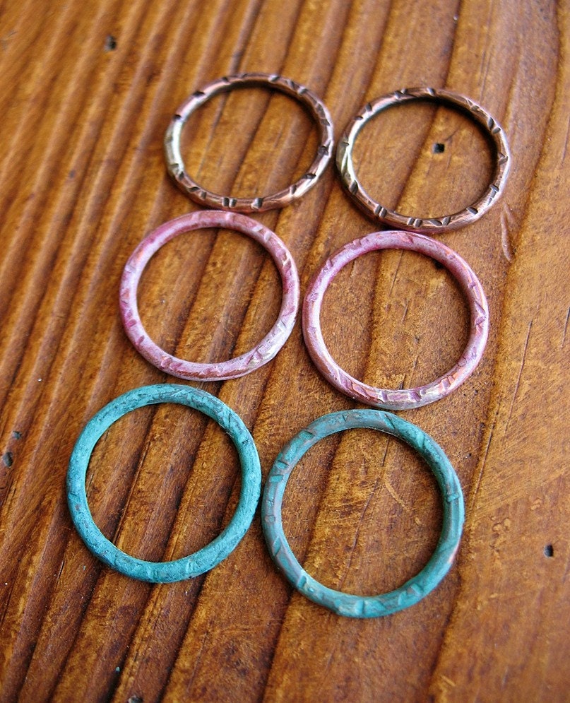 Peach, Verdigris and Antiqued Copper Patina Links - set of 6 - 18mm Circles