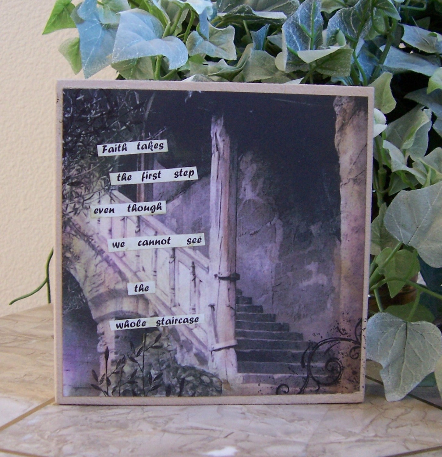 art collage mixed media wooden block shelf sitter with Faith quote