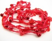 Beaded crocheted necklace or wrap bracelet, glass beads, scarlet red pink
