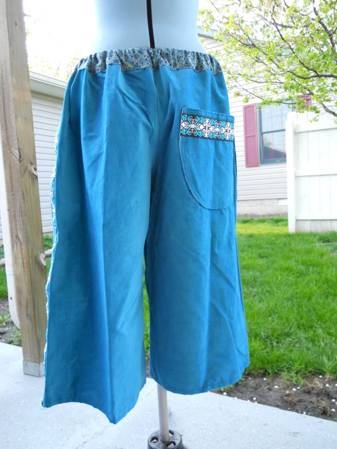 SALE Aqua Corduroy Hippie Patchwork SHorts Gaucho Wide Leg Loose Capri Pants