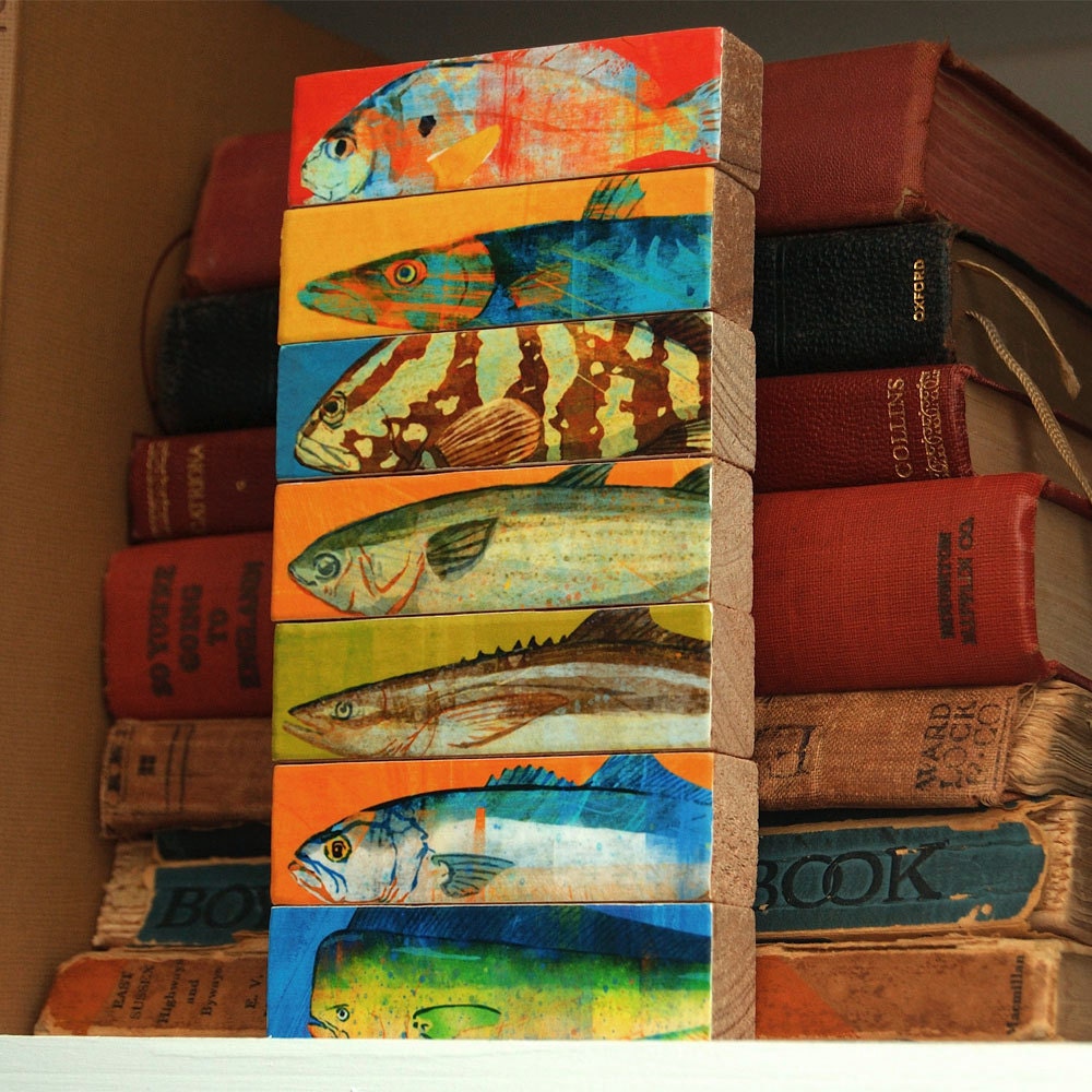 Fish Art - Fish Sticks - Saltwater Fish Art Block Set of 7 - Coastal Beach Decor - Beach House Art - Fathers Day Gift for Dad