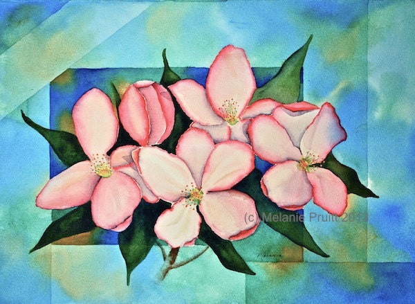 Cherry Blossom ORIGINAL 11x14 floral geometric turquoise pink coral spring flower Watercolor Painting by Melanie Pruitt EBSQ