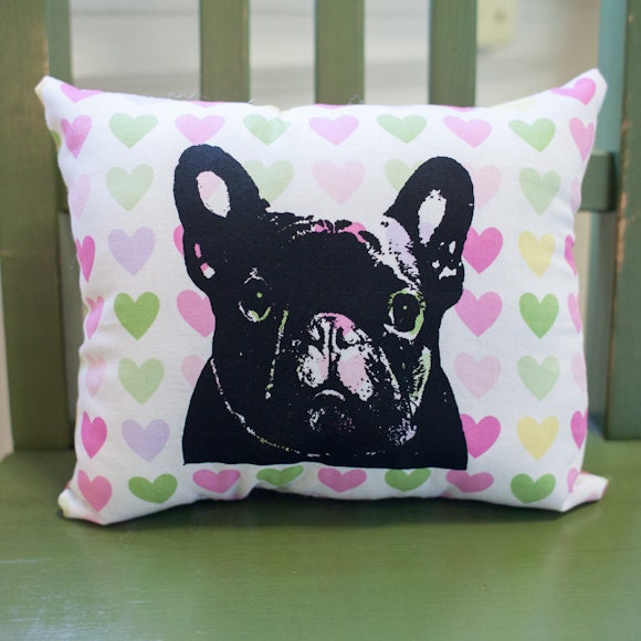 French Bulldog Hearts Pillow, dog pillow, pet pillow, pastel hearts fabric, valentine, screen print, dog art