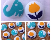 HOLIDAY WEEKEND SALE- Push Pin Set-Kitschy-Elephants and Tulips-9 in Set