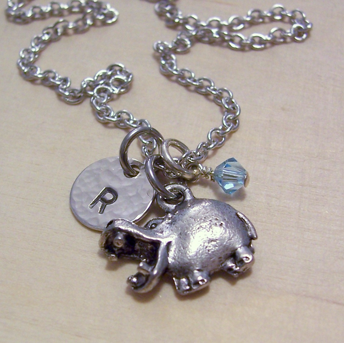 Personalized Necklace - Hand Stamped Jewelry - Hippo Charm Necklace - Personalized Initial Disc - Pewter, Silver Plated - Hippopotamus