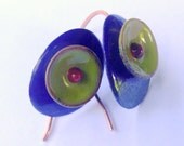 flame and domed enameled earrings - royal blue and lime green