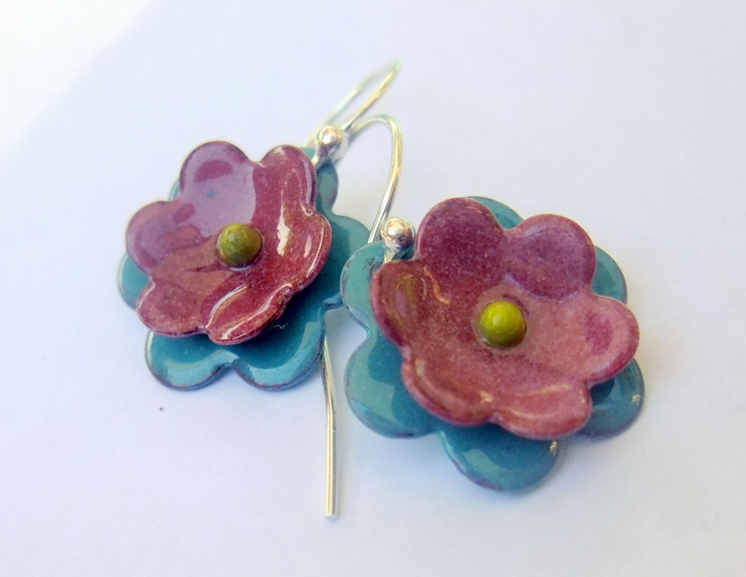 Raspberry Sky  - double bloom enameled earrings