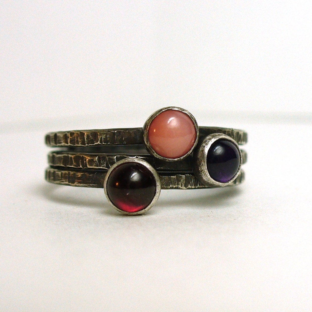 Tiny Gemstone Stackers - Dainty Garnet, Amethyst, Pink Coral and Sterling Silver Rustic Stacking Rings