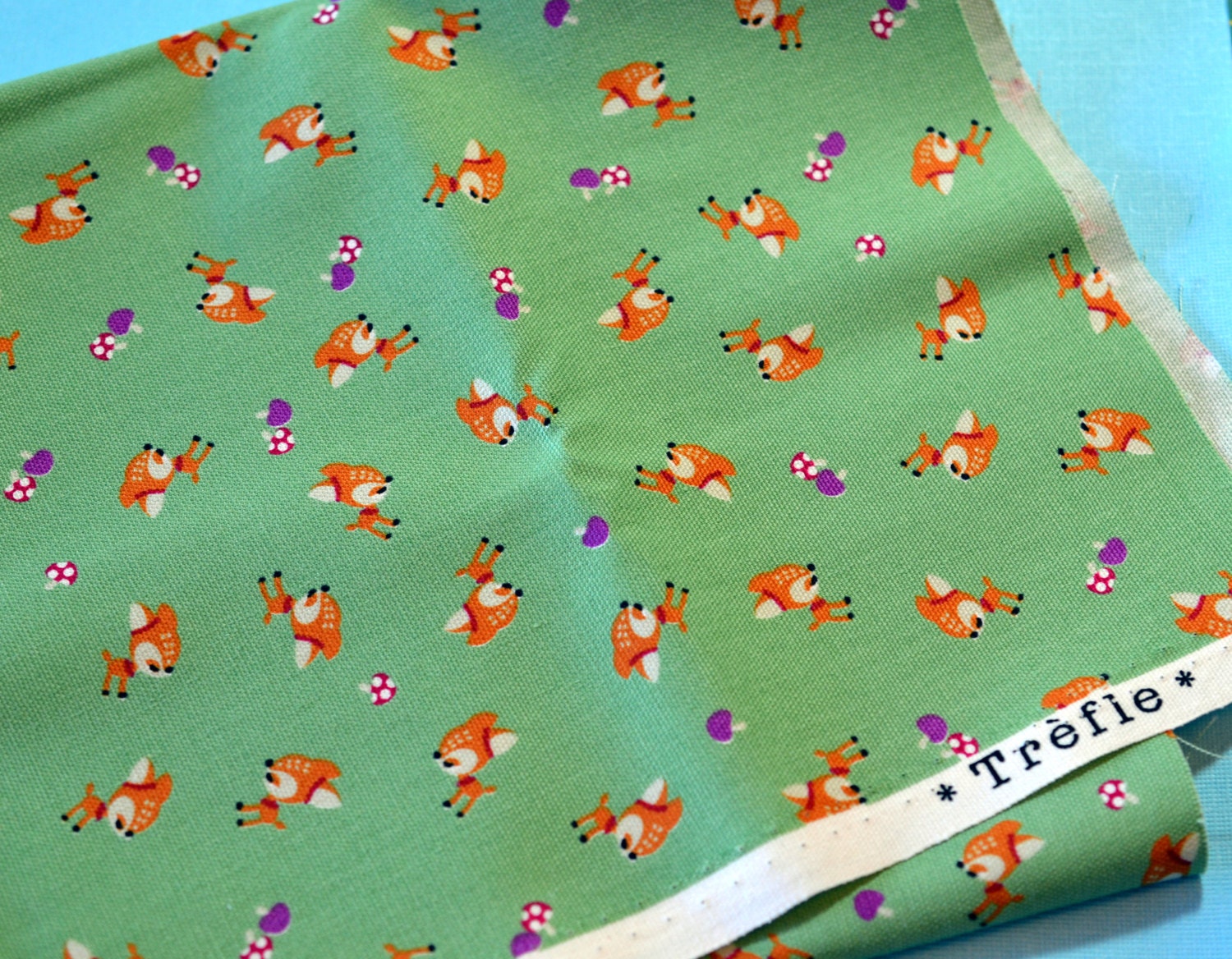 Cute Deer Fabric with Purple Mushrooms on Green - Japanese Fabric Remnant Piece