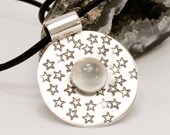 Moonstone and Stars Circle Sterling Silver Stamped Pendant