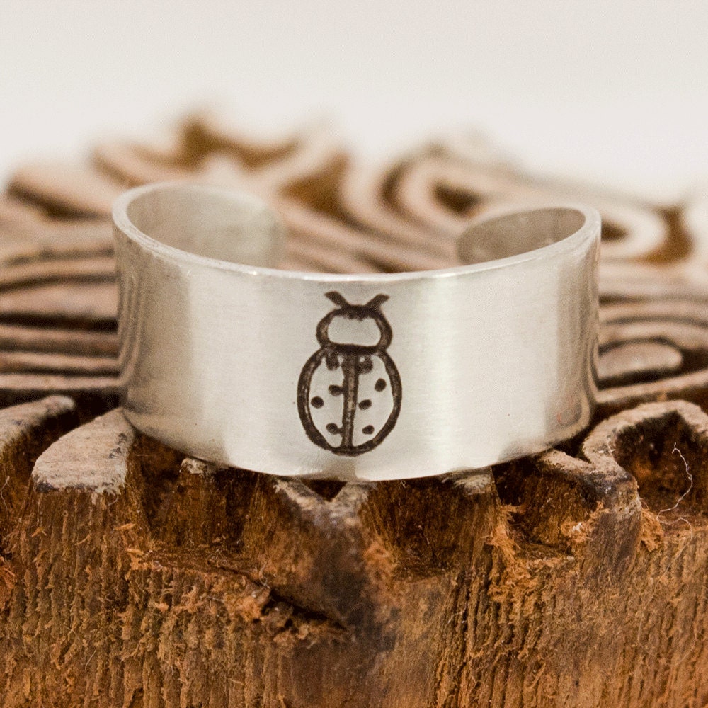 Lady Bug Toe Ring Wide Band Sterling Silver Adjustable Toering