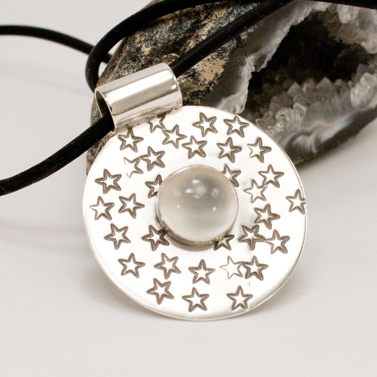 Moonstone and Stars Circle Sterling Silver Stamped Pendant