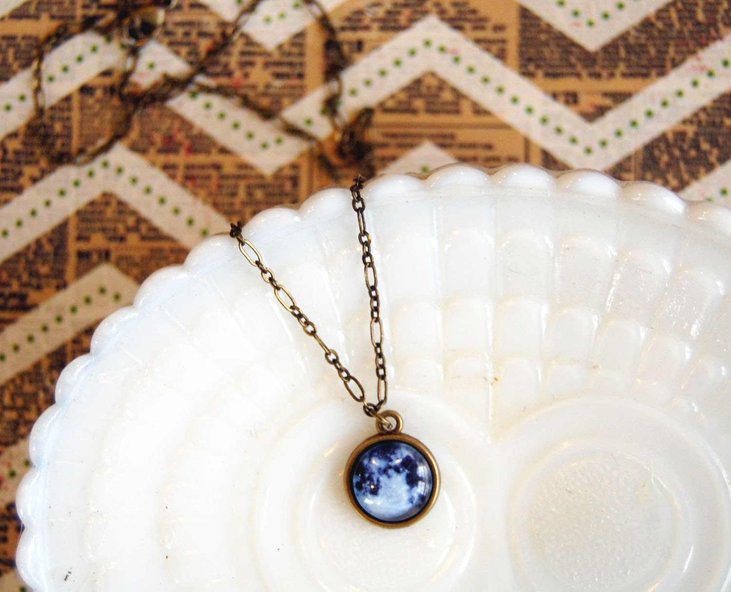 to the moon and back necklace- glass cabcochon on aged brass chain- celestial- planet- galaxy