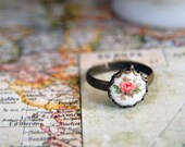 tiny rose vintage glass tea party ring - shabby chic - adjustable