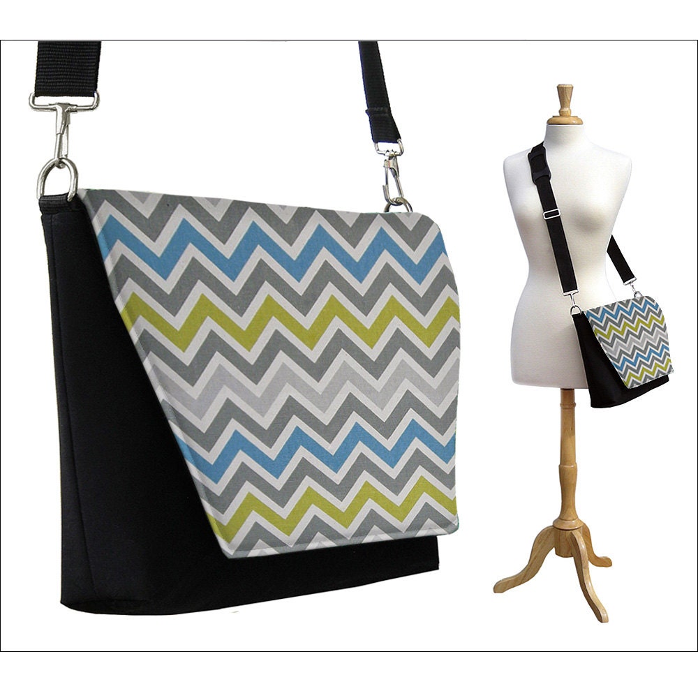 SALE Chevron Messenger Bag with Padded  Divider for iPad Tablet  Zipper Pocket Water Resistant  Women's Travel Bag blue gray yellow