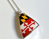 Broken Plate Pendant on Chain - Maryland Flag - Recycled China