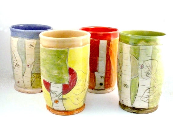 Four Porcelain Tumblers / Ceramic Cups - color blocks , wedding, birthday, new home, anniversary, birthday gift