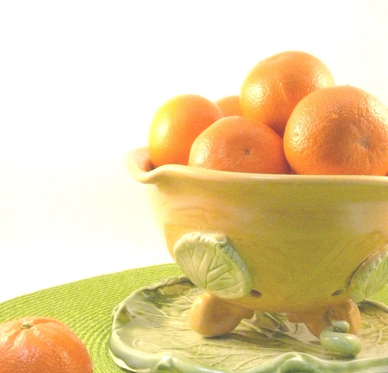 Honey Gold Berry Bowl colander on Leaf Saucer IN STOCK Home Decor Yellow handmade ceramic  strainer sieve