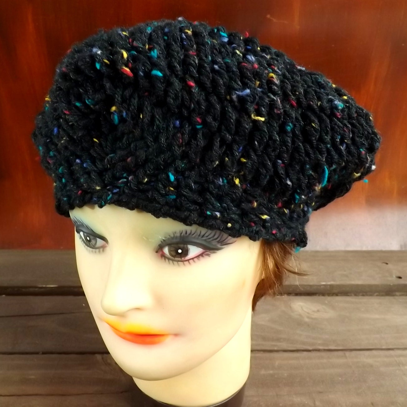 Crochet Hat Women Hat - CHRISTINE Womens Beret Hat in Black Tweed - Crochet Womens Hat - Custom Order