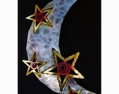 Moon and Stars Metal Wall Art, Sunset Swirl Finish with Red, Yellow and Blue  Accents, 36 Inch