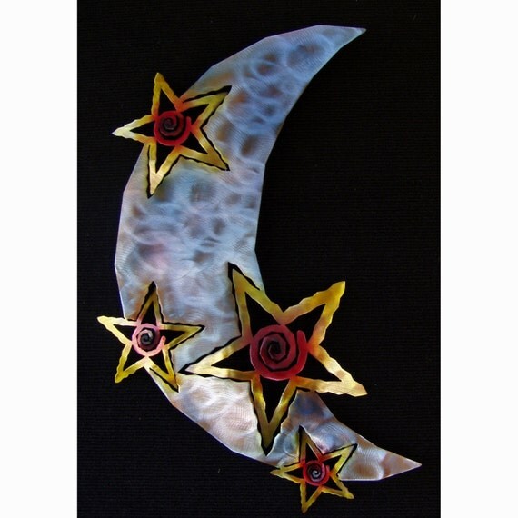Moon and Stars Metal Wall Art, Sunset Swirl Finish with Red, Yellow and