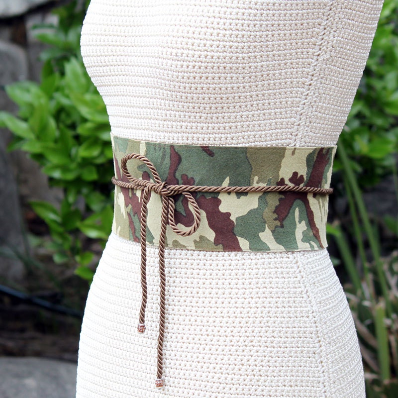REVERSIBLE Leather and Cammo Suede Obi Wrap Belt - bronze pearlescent lambskin & army  camoflage print 4 inches wide