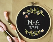 Custom wedding embroidery hoop wall art - spring flowers on black linen